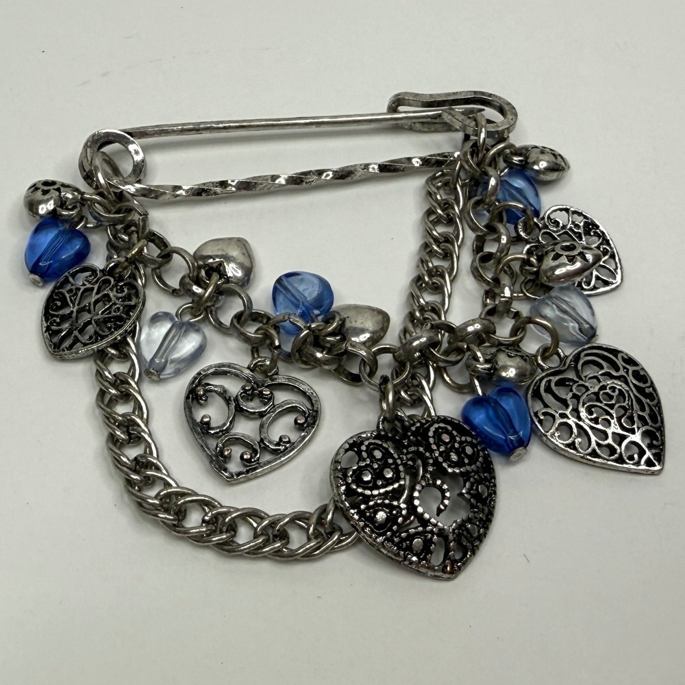 VTG Heart Charm Cluster Lapel Pin Brooch Silver and Blue Beads Statement Jewelry - Picture 5 of 6